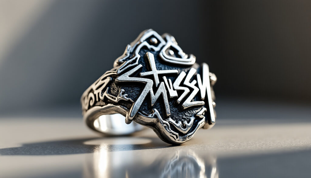 découvrez la bague stussy alliant style streetwear authentique et design unique en argent, parfaite pour affirmer votre personnalité avec élégance.